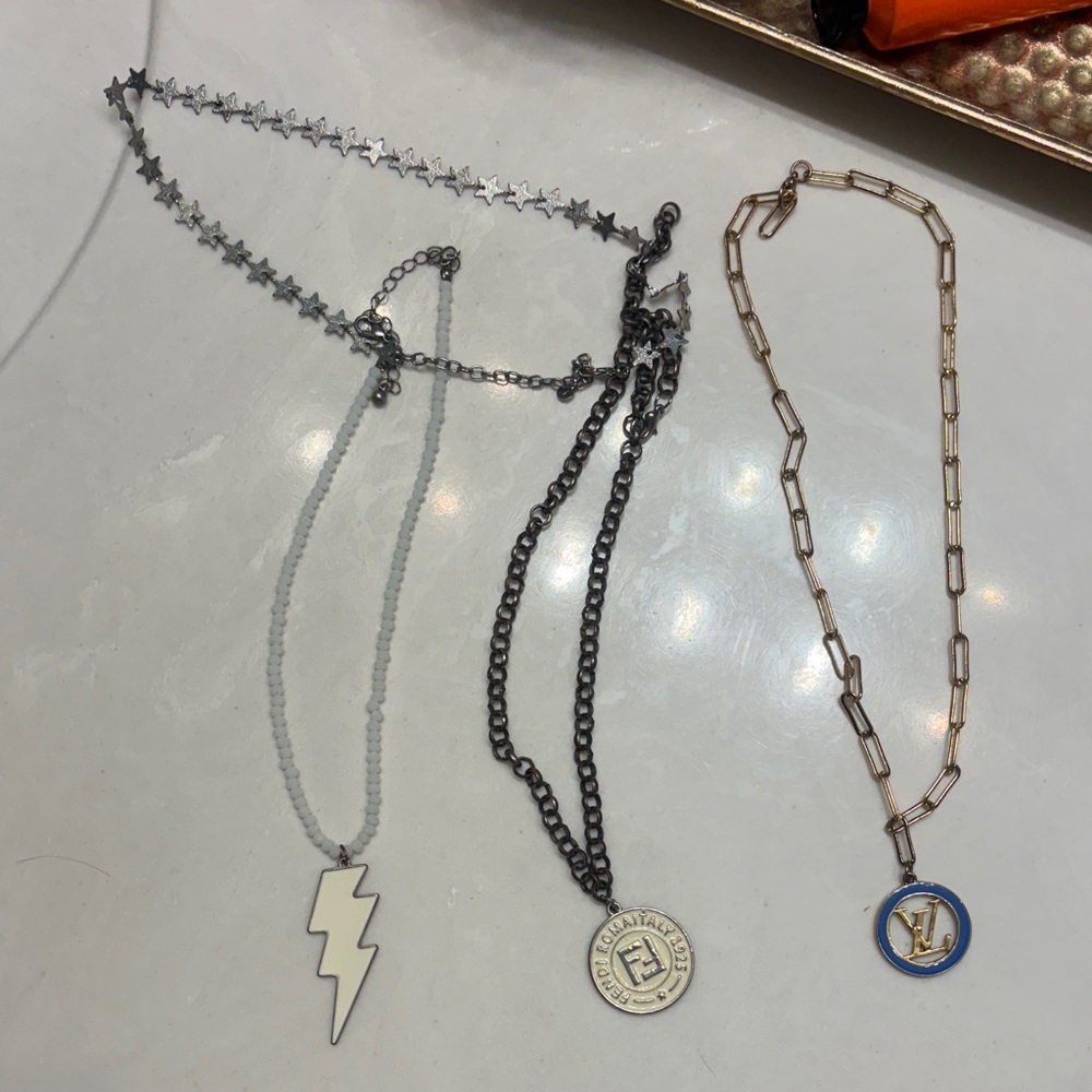 Mixed Metal Necklace Set with Lightning Bolt & Coin Pendants